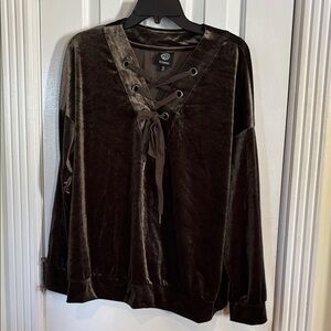 Bobeau Chocolate Velvet Lace-Up Blouse